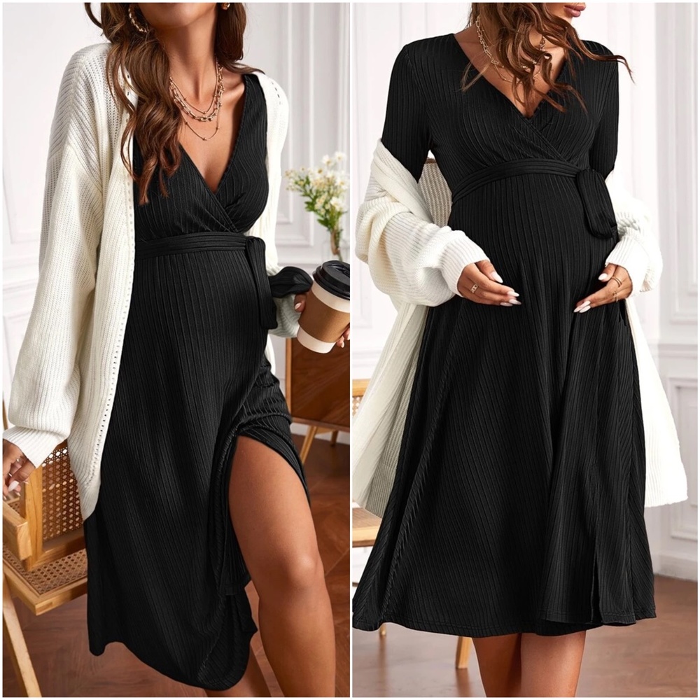 Maternity Rust Ribbed Long Sleeve Minimalist Dress - Picture 2 of 6